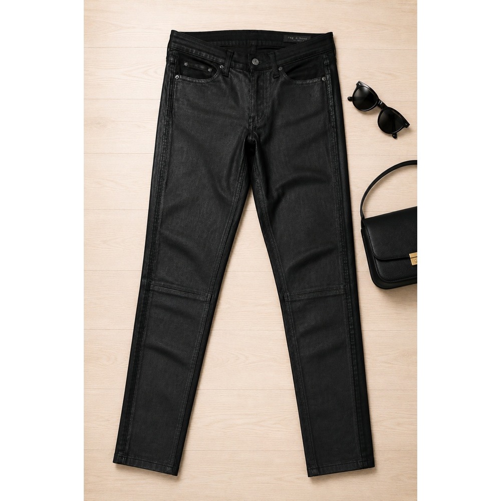Rag & Bone Made In USA Coated Skinny Jeans Black Lamb‎ Leather Trim High Rise 29